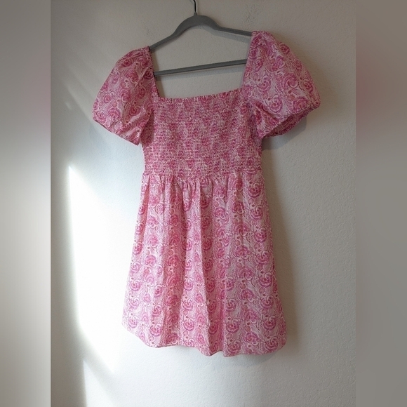 J. Crew Pink Floral Smocked Square Neckline Puff Sleeve Flowy Poplin Mini Dress - Picture 5 of 10